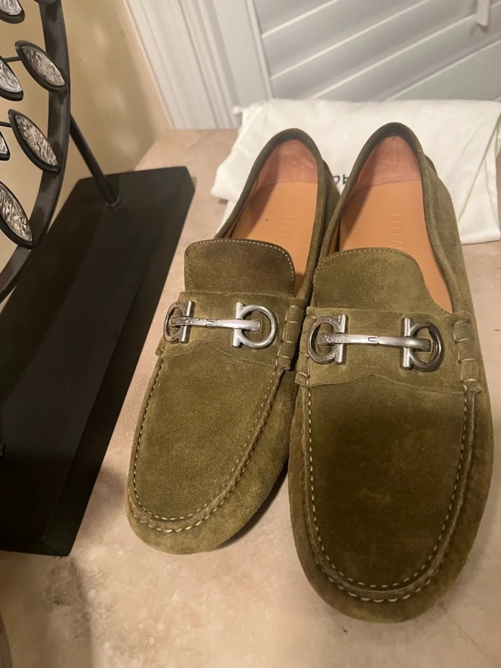 Salvatore Ferragamo Men's Olive Suede Bit Loafers - Elegant Slip-On Style